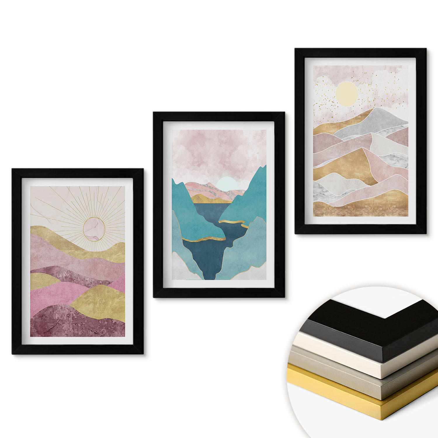 WANDBILDER 3er-Set - 20x30 cm Schwarzer Rahmen - Abstrakte Berge Sonne - Schwarz, Kunststoff (20/30cm) - ArtPrintCave
