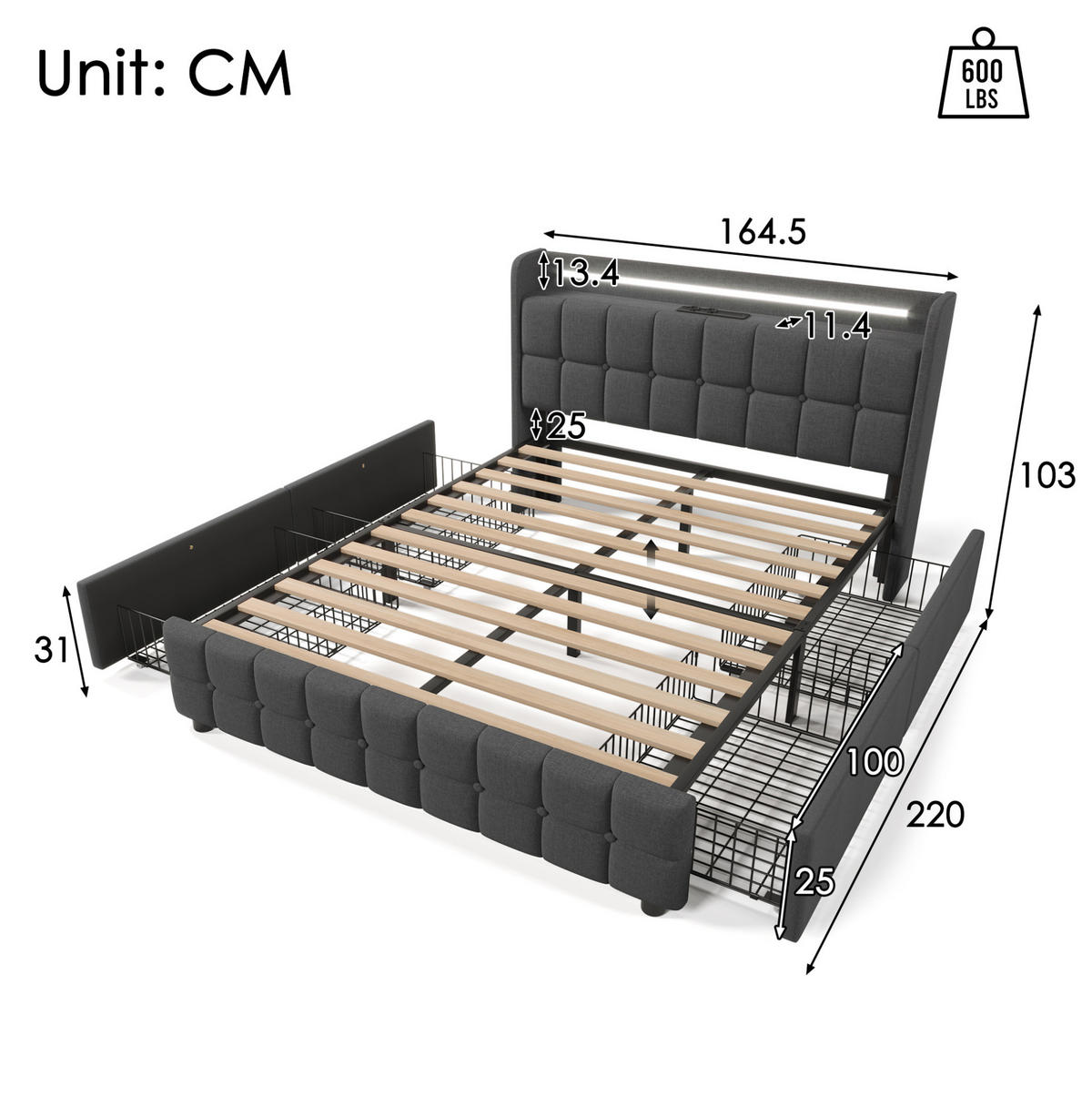 POLSTERBETT mit USB, Steckdosen, LED und 4 Schubladen 160x200 cm Grau - Grau, Holz (160/200cm) - Meubliv