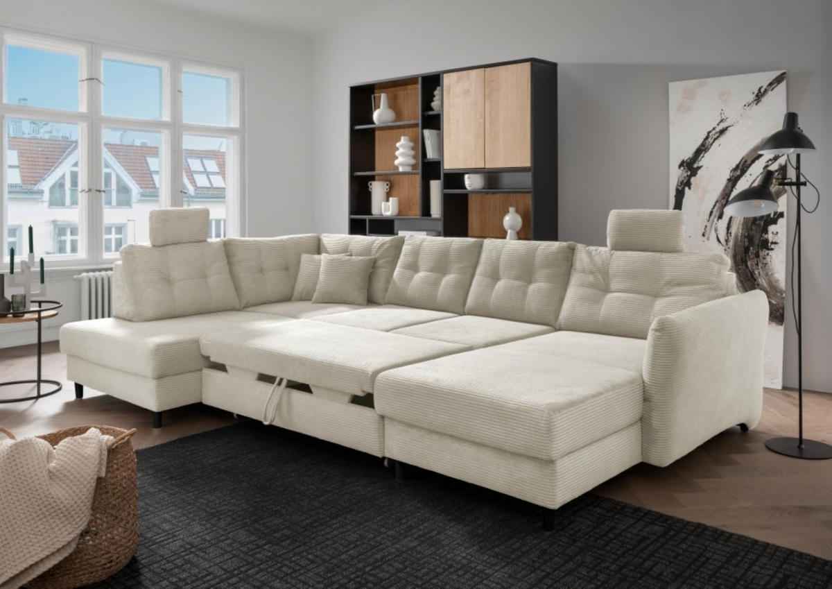 WOHNLANDSCHAFT mit Schlaffunktion, Bettkasten und Sitztiefenverstellung, Cord - Beige/Kieferfarben, Holz/Textil (340/91/206cm) - myHomelando