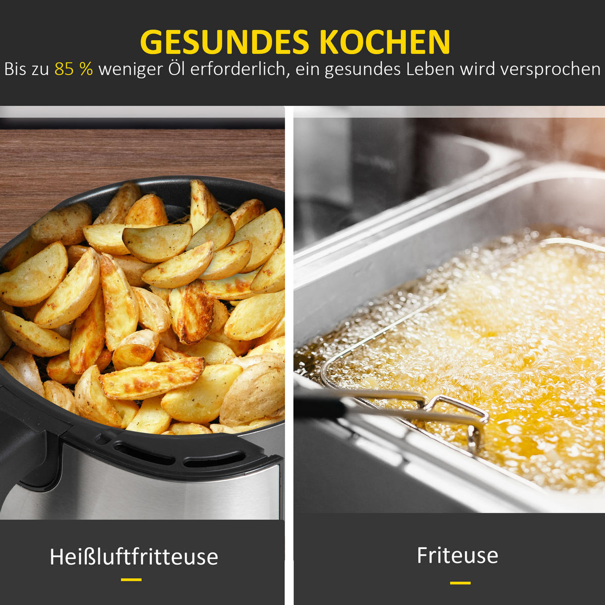 HEISSLUFTFRITTEUSE Stahl Kunststoff Schwarz - Schwarz, Metall (36.5/29/33.8cm) - HOMCOM