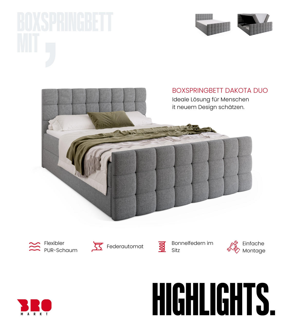 BOXBETT Dakota Duo mit Topper 160/200 Grau - Grau, Holz/Textil (160/200cm) - Bromarkt