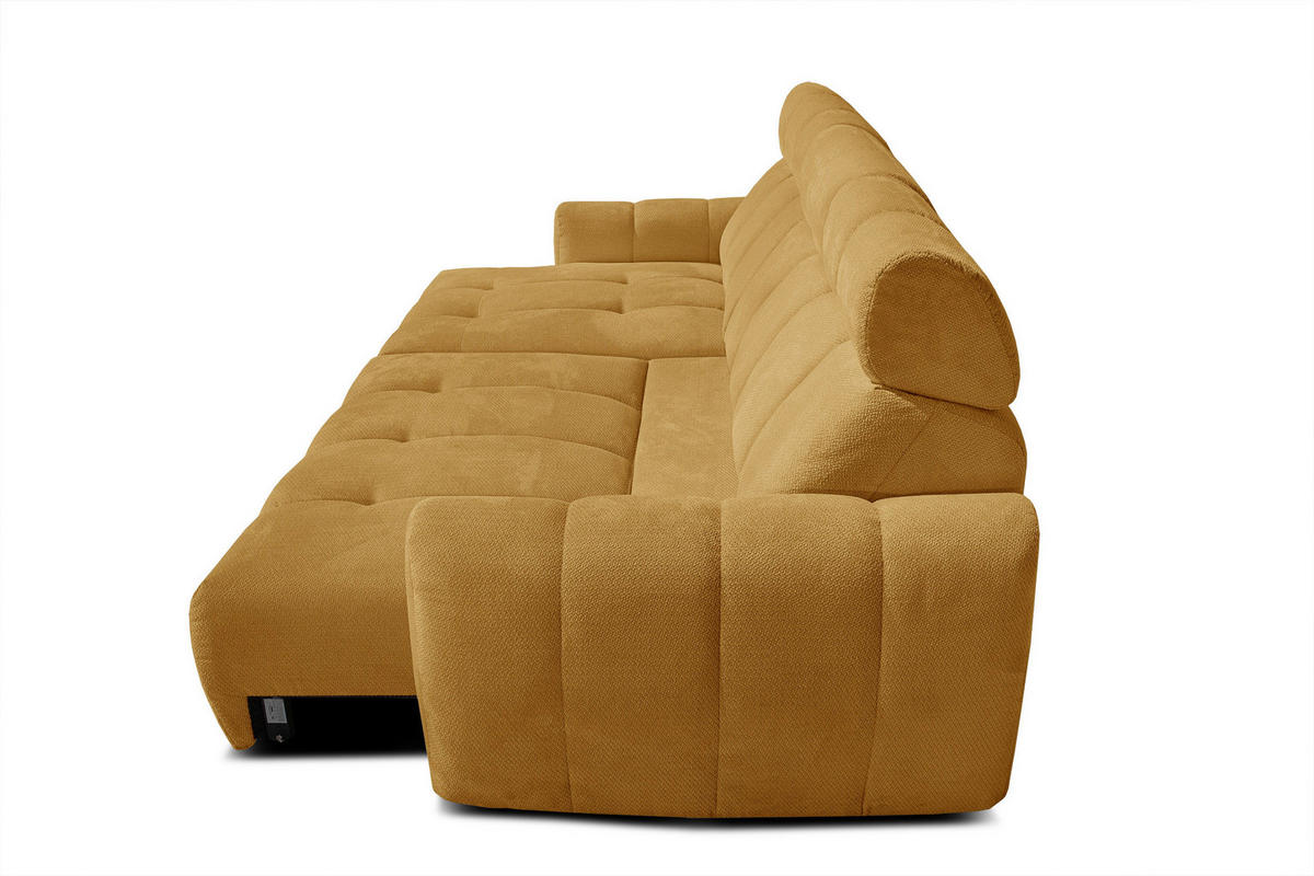 ECKSOFA KIMI 3-Sitzer, ausziehbarer Sitz, verstellbare Kopfstützen, senfgelb - Gelb/Schwarz, Holzwerkstoff/Textil (270/160cm) - Wozimo