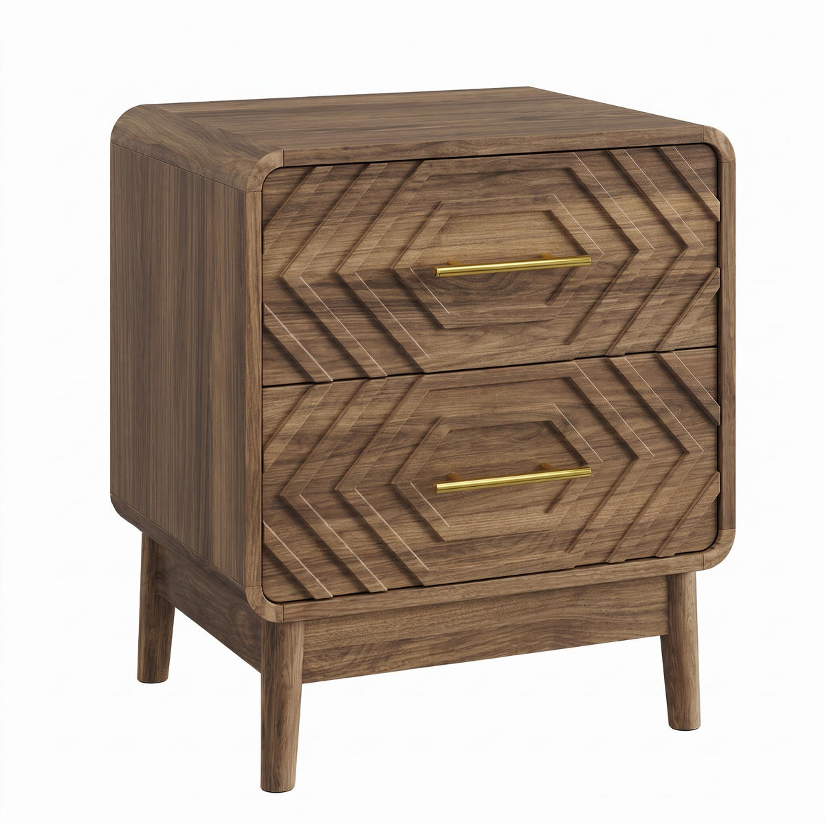NACHTTISCH Nussbaum 3D-Design mit 2 Schubladen & Gold-Details - Walnussfarben, Holzwerkstoff (48/56/38cm) - Urban Meuble