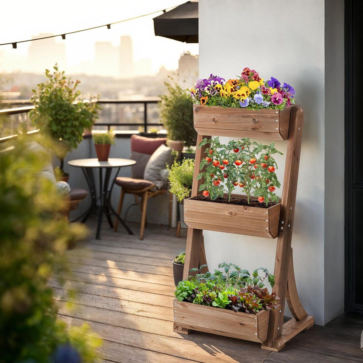 VERTIKALBEET Flora,inklusive Pflanzvlies, 60 x 49 x 140 cm,braun - Braun, Holz (60/140/49cm) - tectake