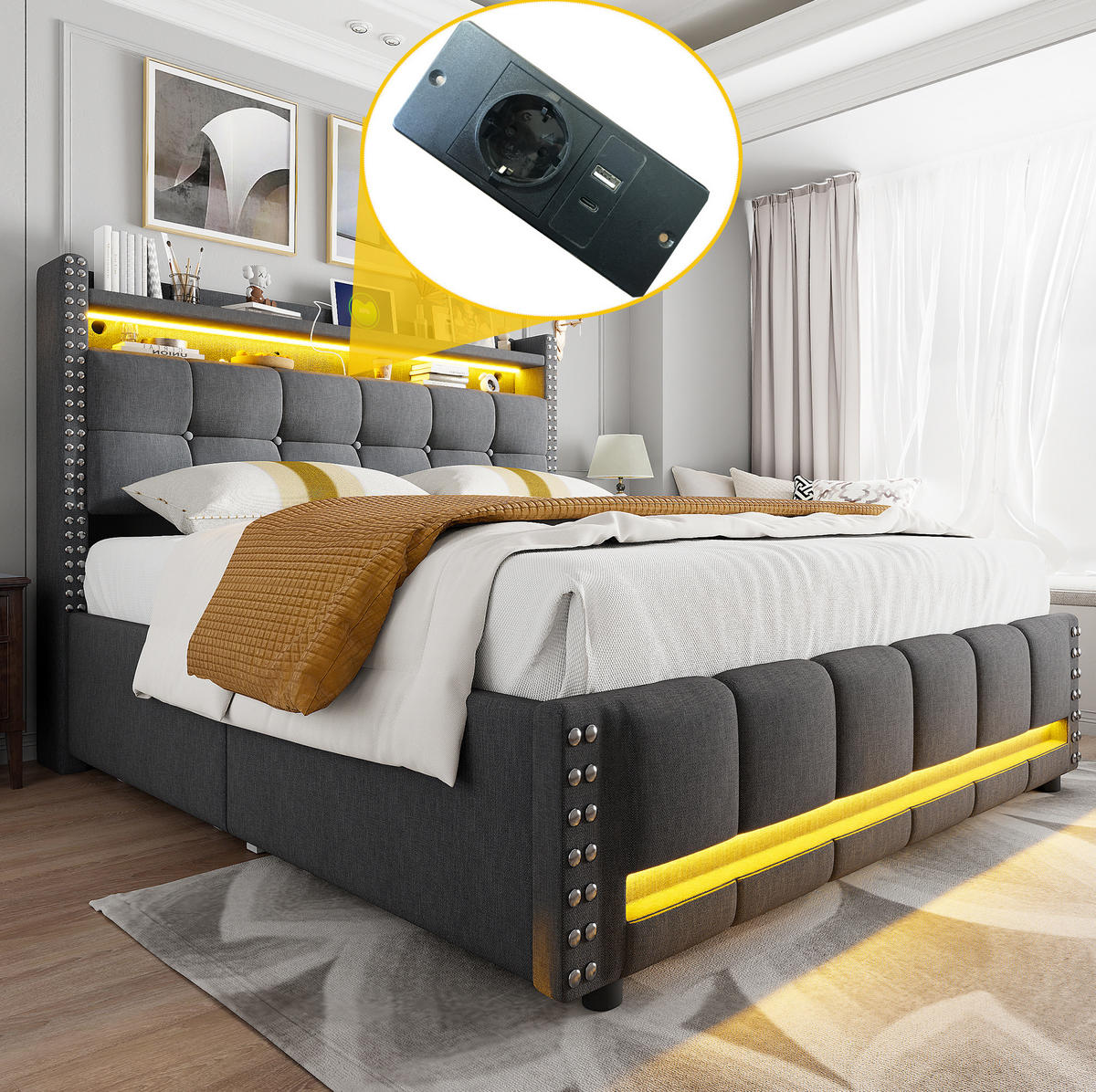 POLSTERBETT mit Stauraum und LED 140x200 cm Grau - Grau, Metall (140/200cm) - Meubliv