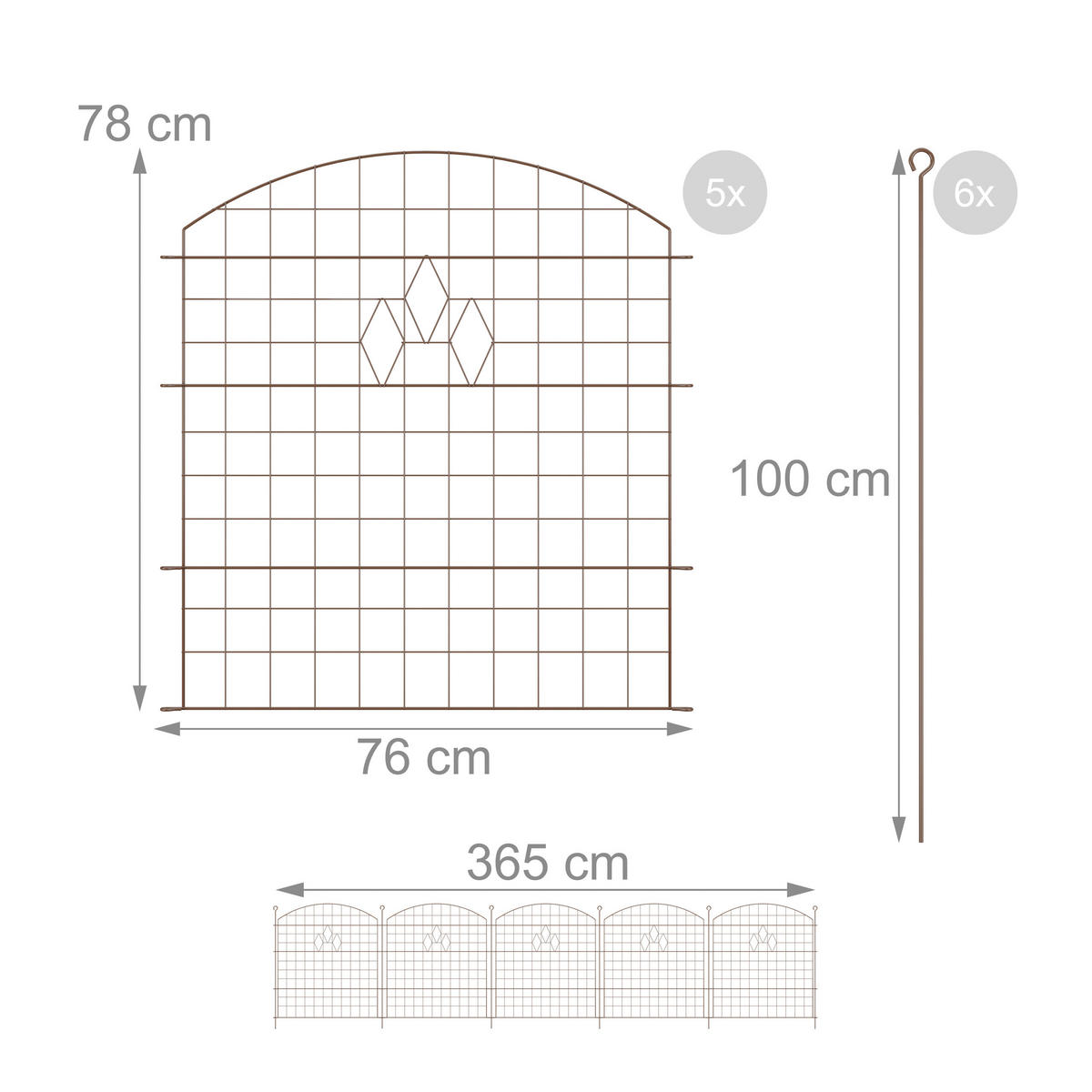 5XTEICHZAUN - Braun, Metall (365/78cm) - Relaxdays
