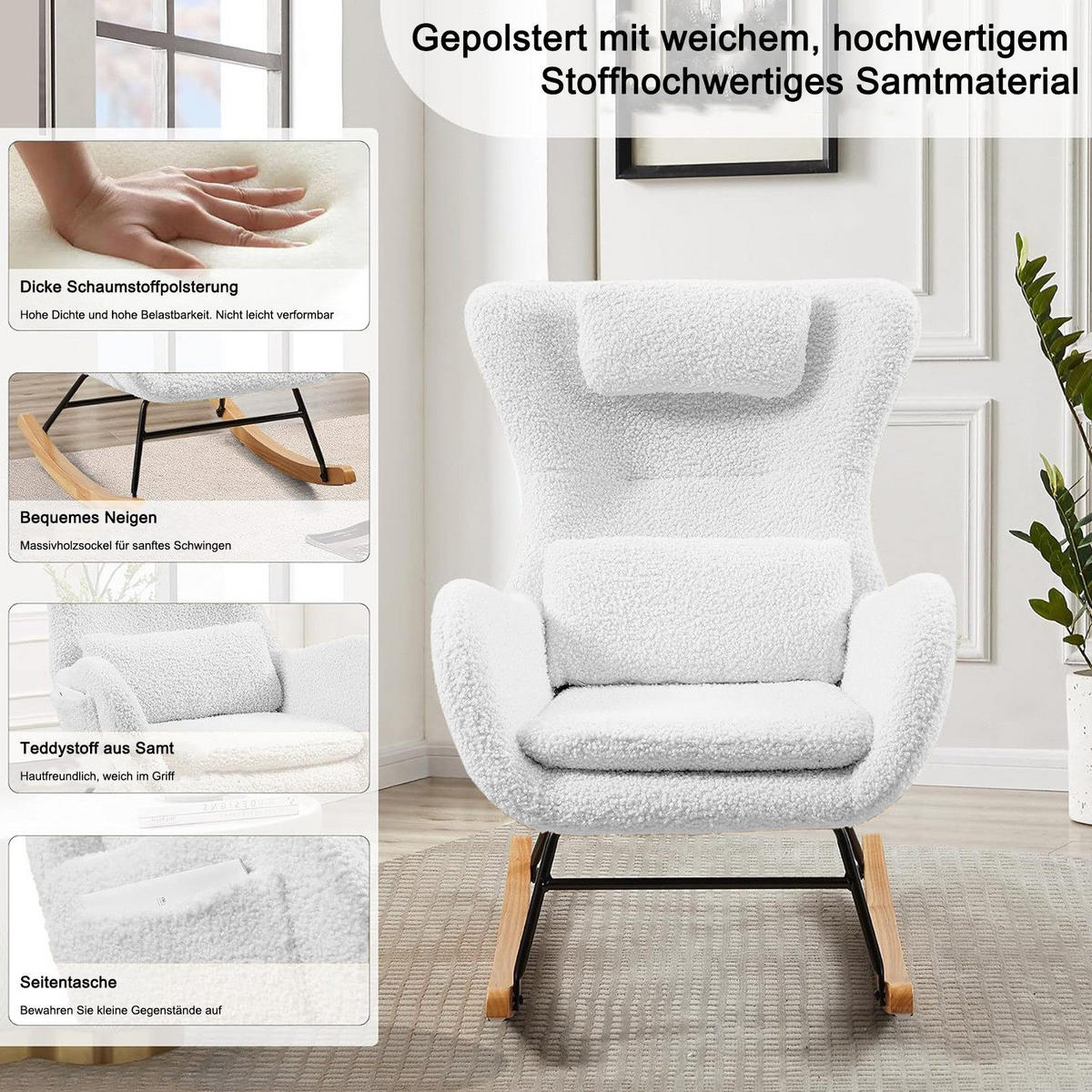 SCHAUKELSTUHL Teddy Plüsch-Swingsessel mit Holzsockel,Schaukelsessel 60/85/95 cm, Weiß - Weiß, Textil (85/95/60cm) - Redom