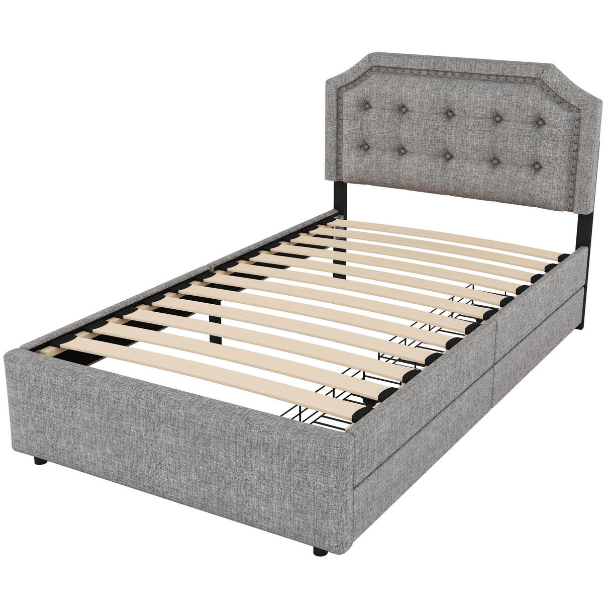 POLSTERBETT 90/200 cm grau mit Aufbewahrung und verstellbarem Nachttisch - Grau, Textil (90/200cm) - OKWISH