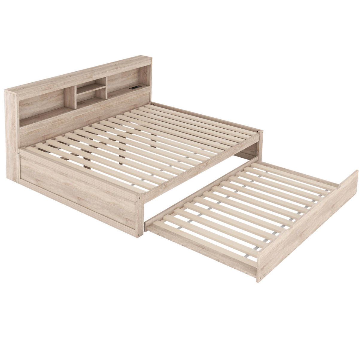 TAGESBETT 140/200 cm mit LED-Beleuchtung, Ausziehbett, Steckdose, USB und Bettfach, Natur - Naturfarben, Holzwerkstoff (140/200cm) - Redom