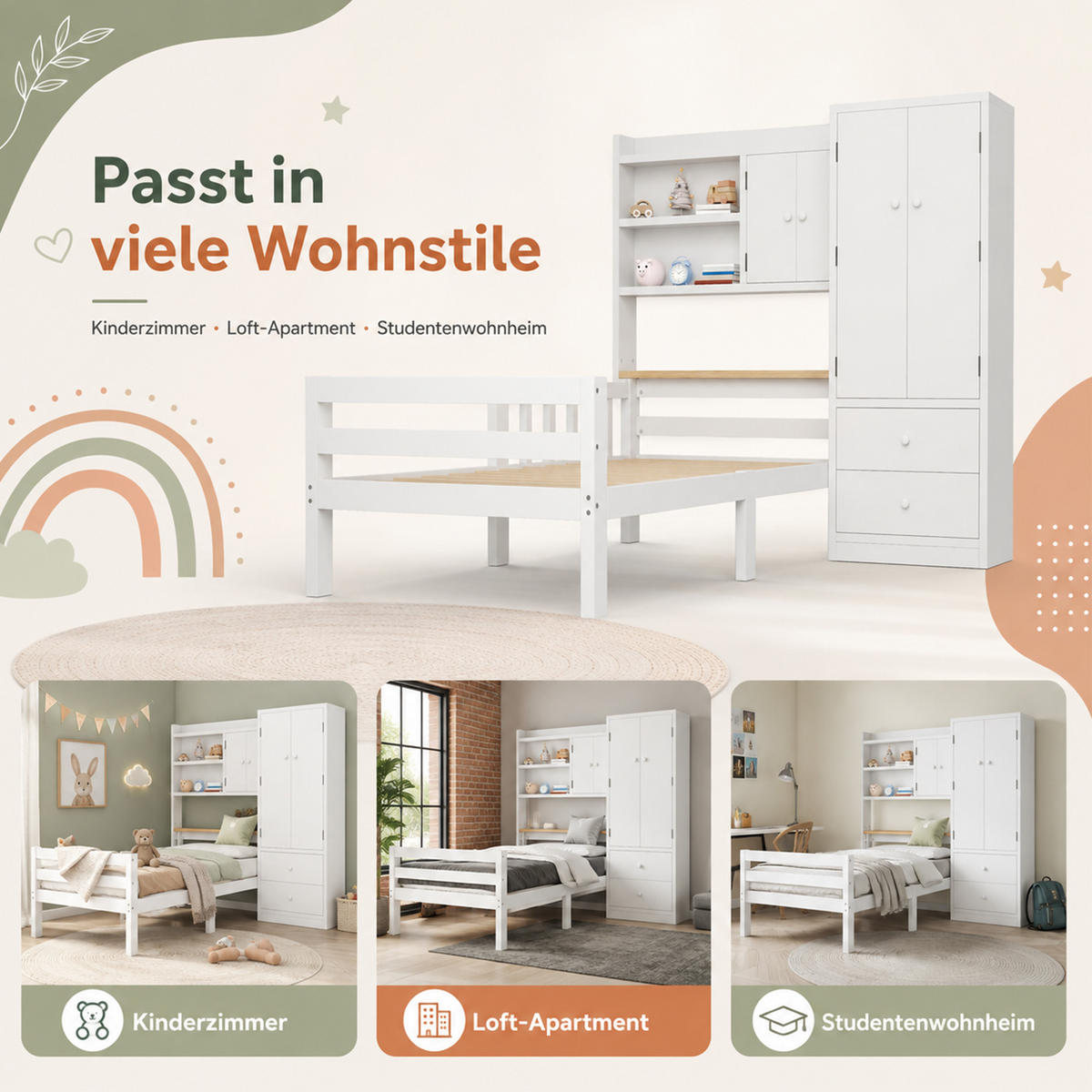 KINDERBETT 90/200 mit Kleiderschrank, Rausfallschutz & Schubladen, Holz, Weiß - Weiß, Holz (90/200cm) - LVHOM