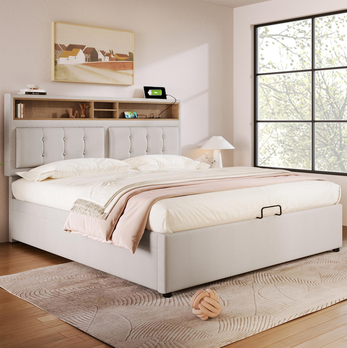 POLSTERBETT 140/200 cm Beige mit Stauraum und USB- und Type-C-Anschlüssen - Beige, Textil (140/200cm) - Flora Grace