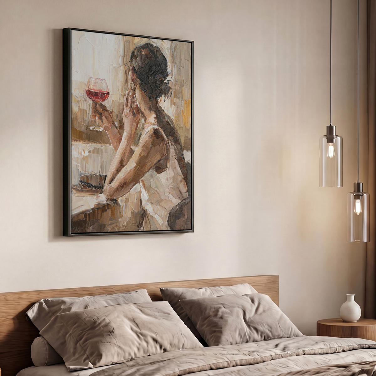 LEINWAND Bilder mit Rahmen - Ölgemälde - Frau - Wein - 70x100 - Hellbraun, Textil (70/100cm) - MuchoWow