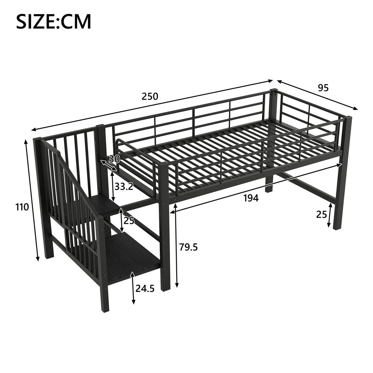 HOCHBETT 90/200 cm in Schwarz mit Stauraumtreppe aus Metall & MDF - Schwarz, Holzwerkstoff/Metall (90/200cm) - CHICFURN