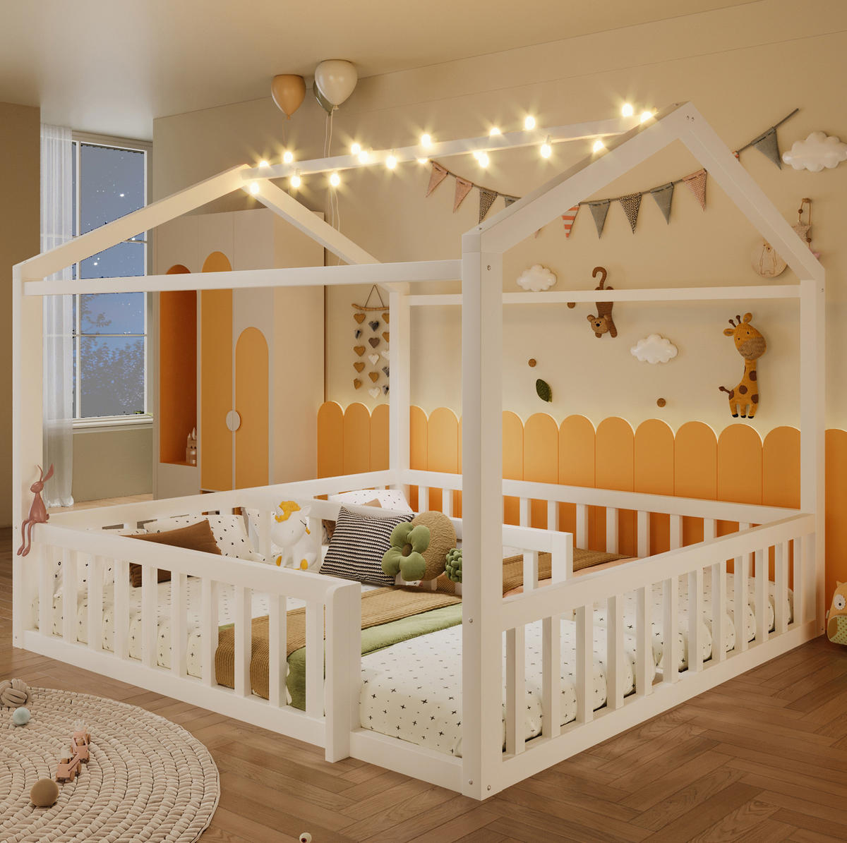 HAUSBETT aus Kiefernholz 90x190/180x190 cm Weiß mit Schutzgitter, LED-Licht und teilbarem Dual-Design - Weiß, Holzwerkstoff (90/190cm) - Modfu