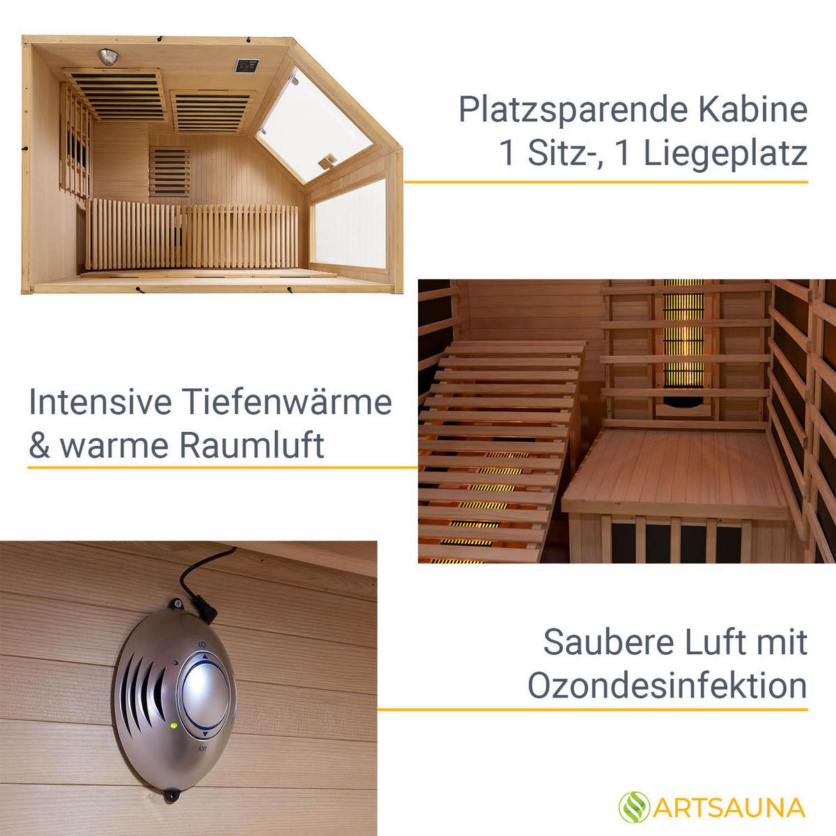 INFRAROTKABINE Kolding mit Triplex-Heizsystem & Hemlockholz - Naturfarben, Holz (130/190/190cm) - Artsauna