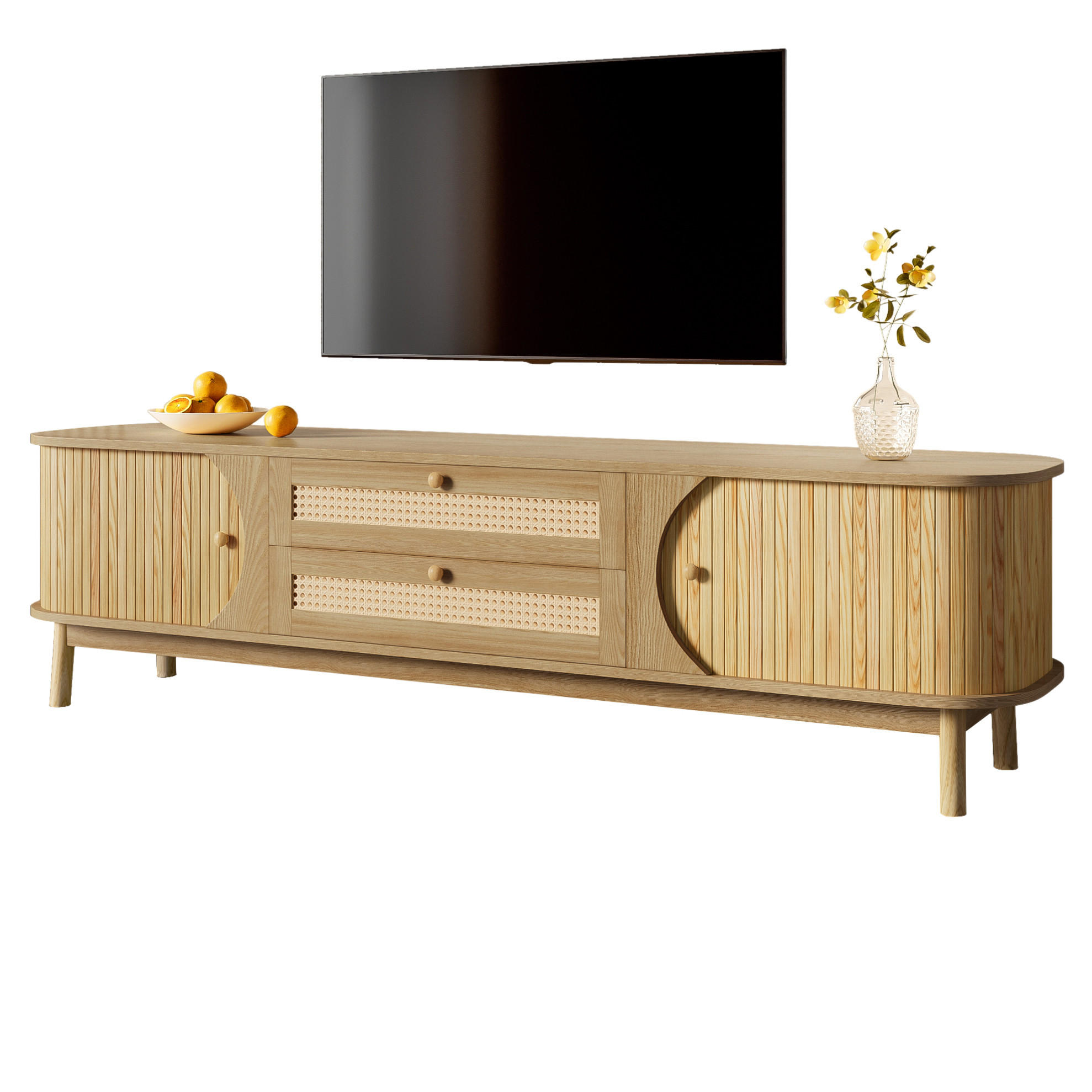 Modfu TV stolek z MDF a masivního dřeva 170x39,5x46 cm přírodní se dvířky a zásuvkami, s ratanovým vzhledem