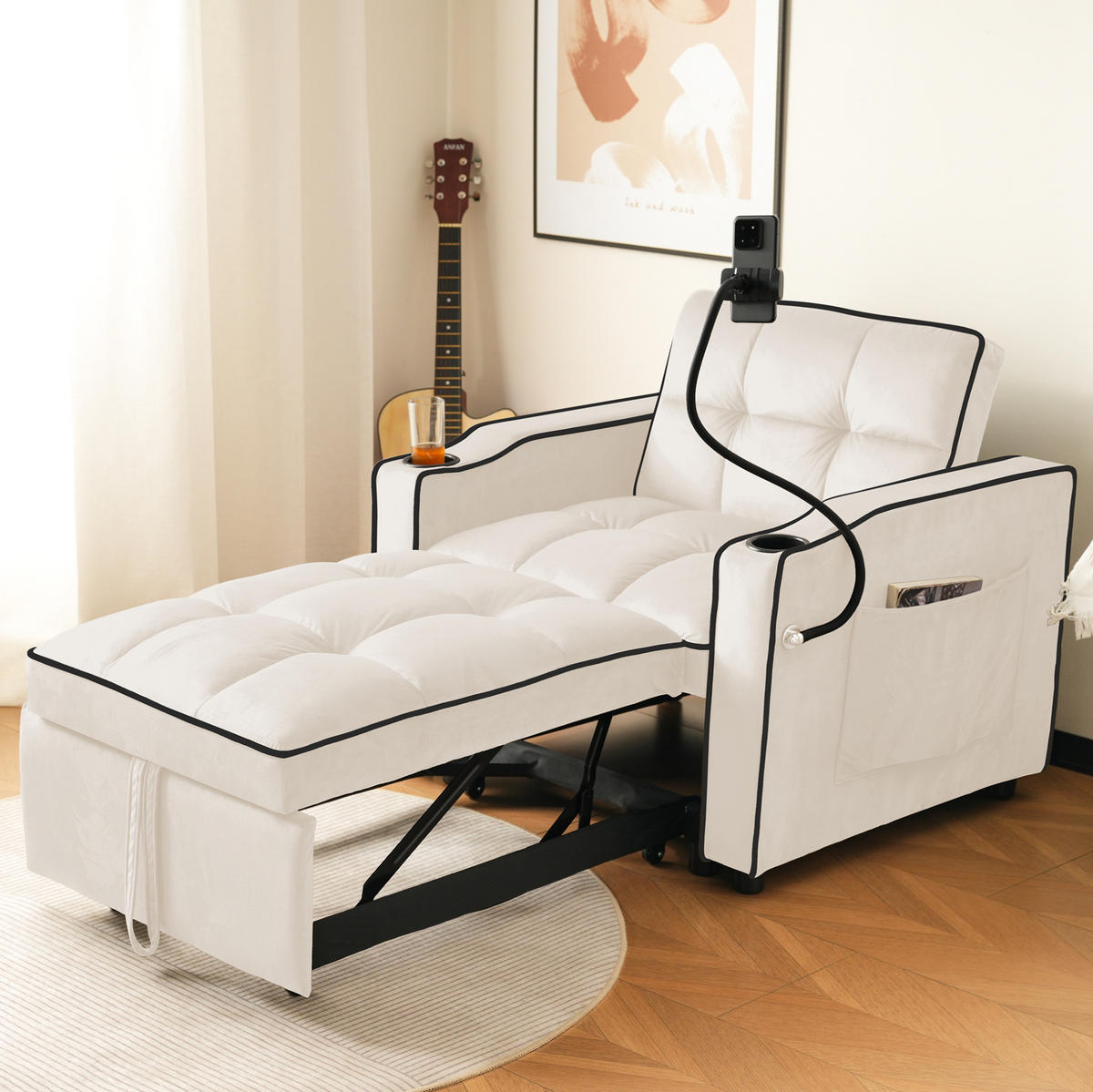 SCHLAFSESSEL 3-in-1 Samt mit Getränke und Handyhalter Beige 83/167/76 cm - Beige, Textil (83/76/167cm) - Redom