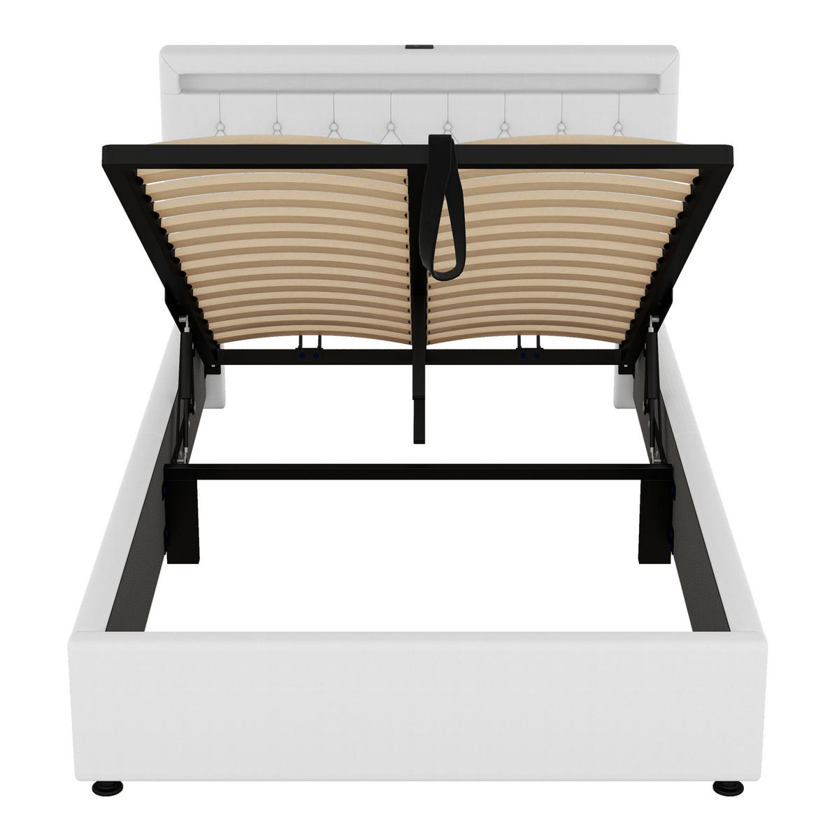 POLSTERBETT aus Leinen und MDF 140x200 cm Weiß mit LED-Beleuchtung, USB-C und hydraulischem Bettkasten - Weiß, Textil (140/200cm) - IVMEU