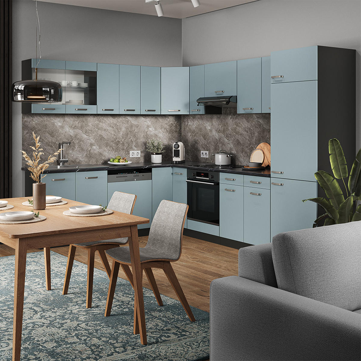 ECKKÜCHE R-Line Blau-Grau/Anthrazit 227 x 287 cm, AP Eiche - Anthrazit/Blaugrau, Holzwerkstoff (287/81.6/60cm) - Vicco