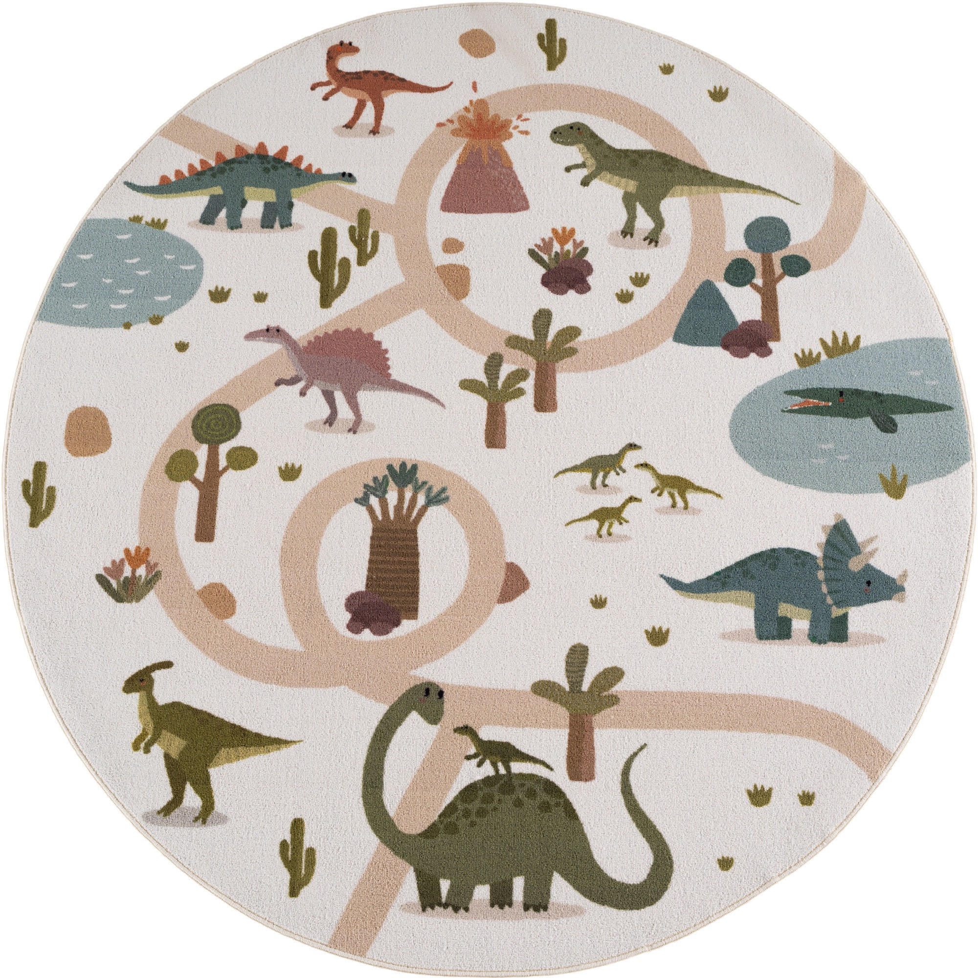 KINDERTEPPICH Kurzflor Dinosaurier-Landschaft Waschbar OEKO-TEX Spielteppich Jungen Mädchen Rund Creme 200x200 – TINO - Creme, Textil (200/200cm) - KADIMA DESIGN