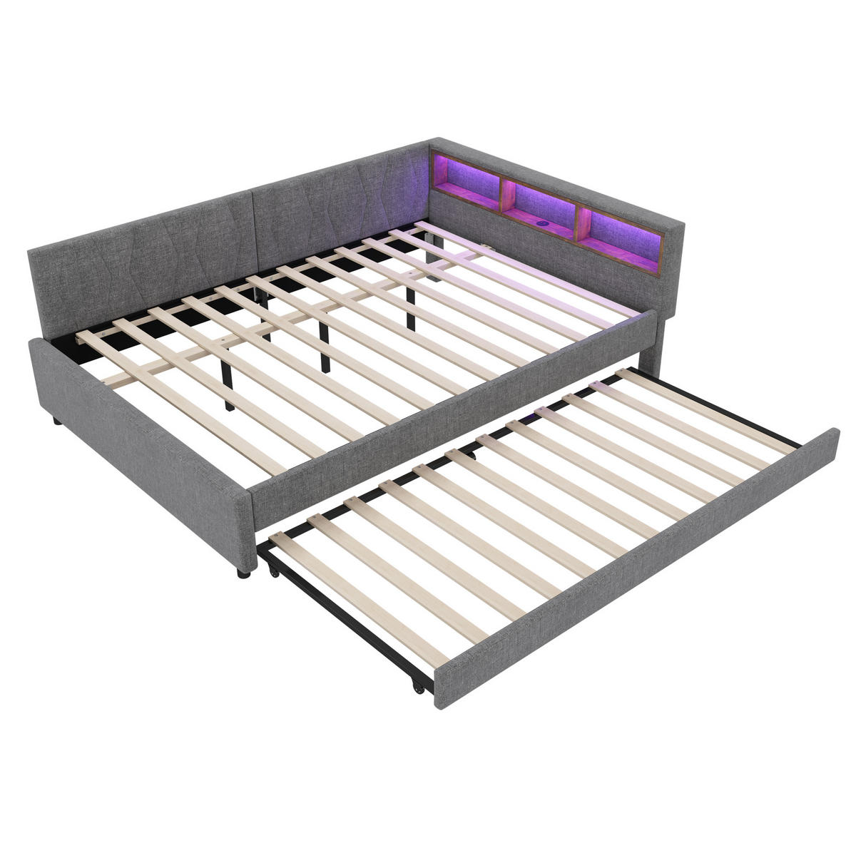 POLSTERBETT aus Leinen 140x200 cm in Grau mit LED-Beleuchtung & USB-C - Grau, Textil (140/200cm) - Modfu