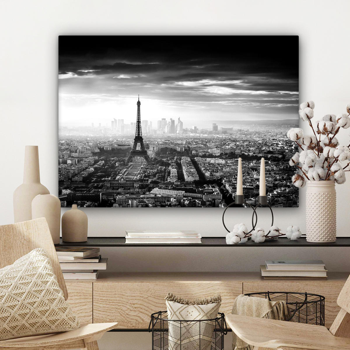 LEINWANDBILD Paris - Skyline - Eiffelturm - Stadt - Wolken Wandbilder 80x60 cm - Dunkelgrau, Textil (80/60cm) - MuchoWow