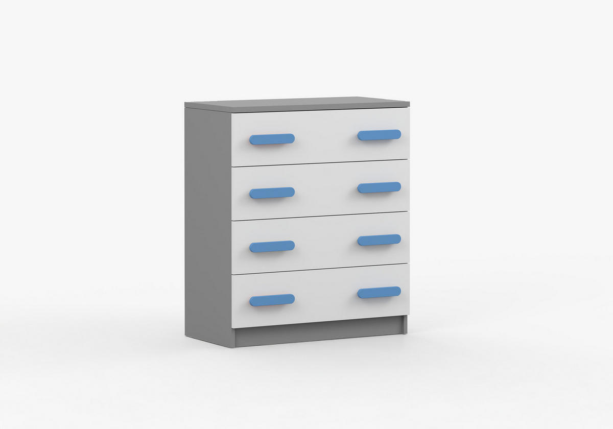 JUGENDZIMMER Elora in Grau und Weiß – 4-teiliges Set mit Schreibtisch, Kommode, Wandregal und Schrank – Grifffarbe Blau - Grau, Holzwerkstoff (80/200/120cm)