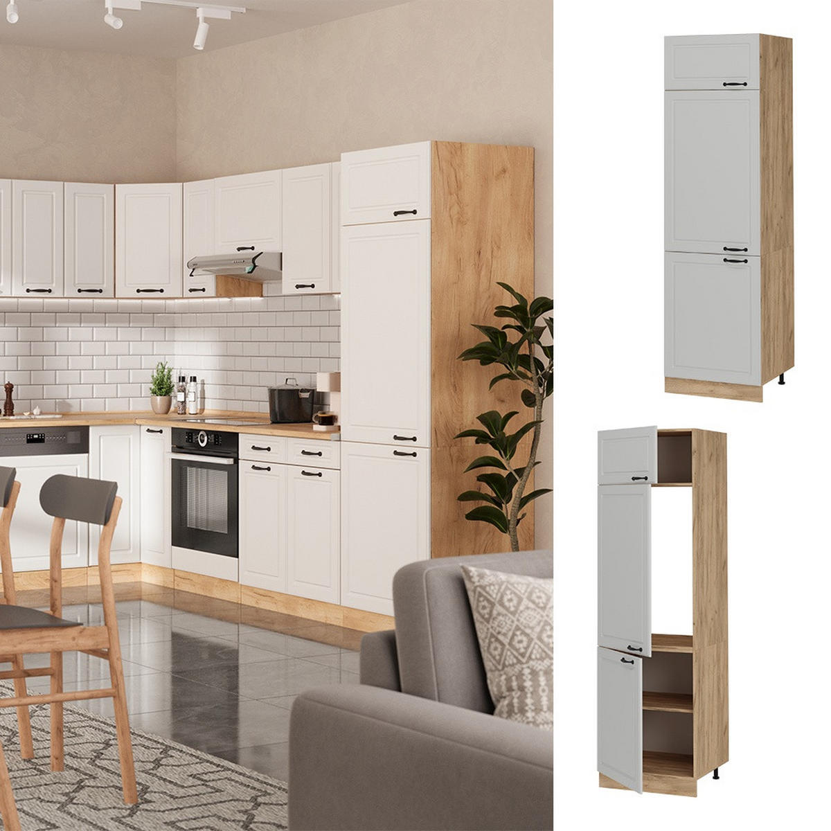 DULAP FRIGIDER R-Line Casă de țară albă 60 cm - stejar miere/alb, compozit lemnos (60/206.8/57.2cm) - Vicco