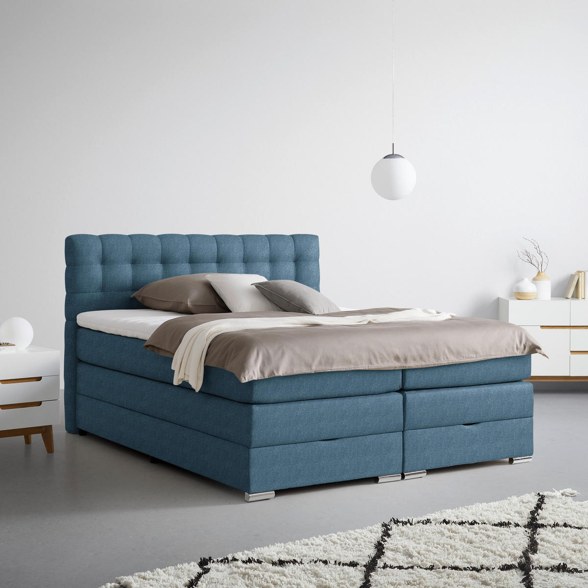 BOXSPRINGBETT London Blau ca. 160 / 200 cm - Blau, Holz - Premium Living