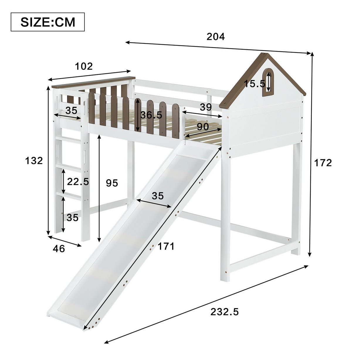 HAUSBETT 90/200 cm Weiß/Walnuss aus Kiefernholz und MDF mit Rutsche - Weiß, Holzwerkstoff (90/200cm) - OKMYHOME