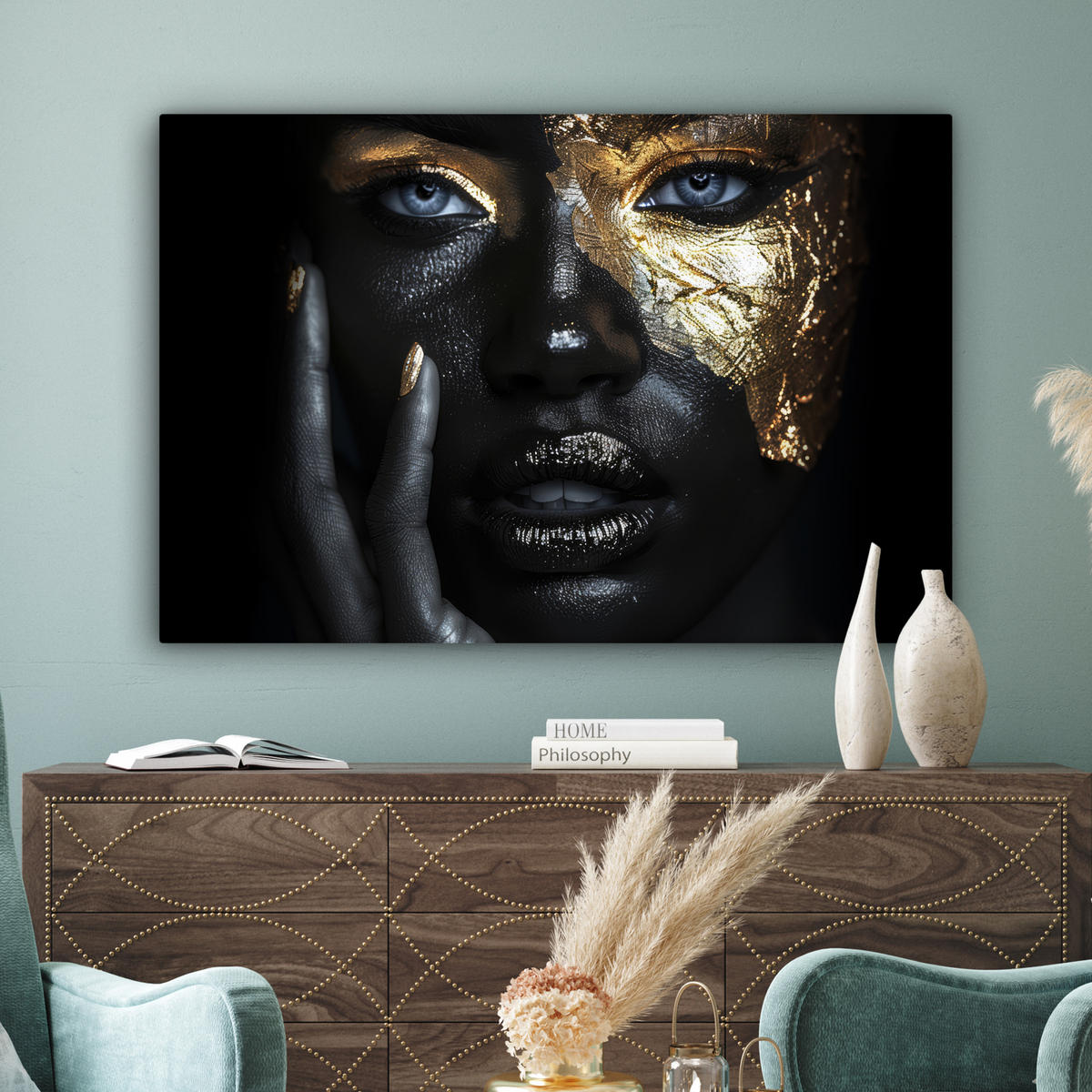 LEINWANDBILD Frau - Gold - Porträt - Schwarz-Weiß - Luxus Groß 140x90 cm - Hellblau, Textil (140/90cm) - MuchoWow