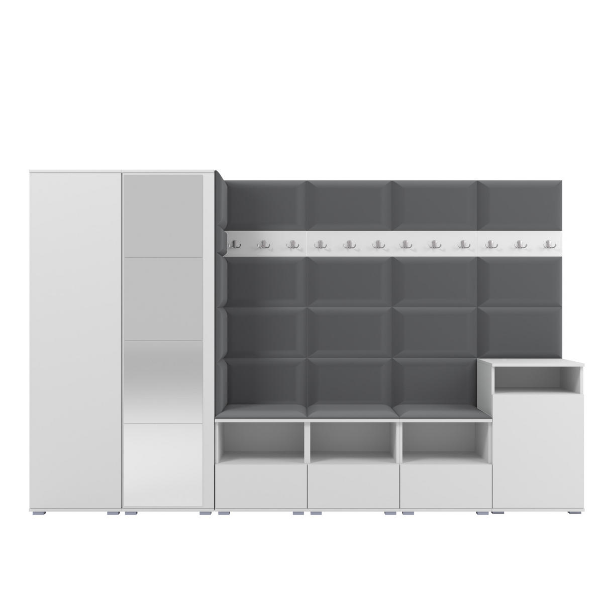 GARDEROBE NELA XII 300 cm (Modulare Flurmöbel Weiß mit Spiegel & Sitzpolster Dunkelgrau 15 Gigantisches Set) - Dunkelgrau/Silberfarben, Holz/Holzwerkstoff (300/187/40cm) - Ravio
