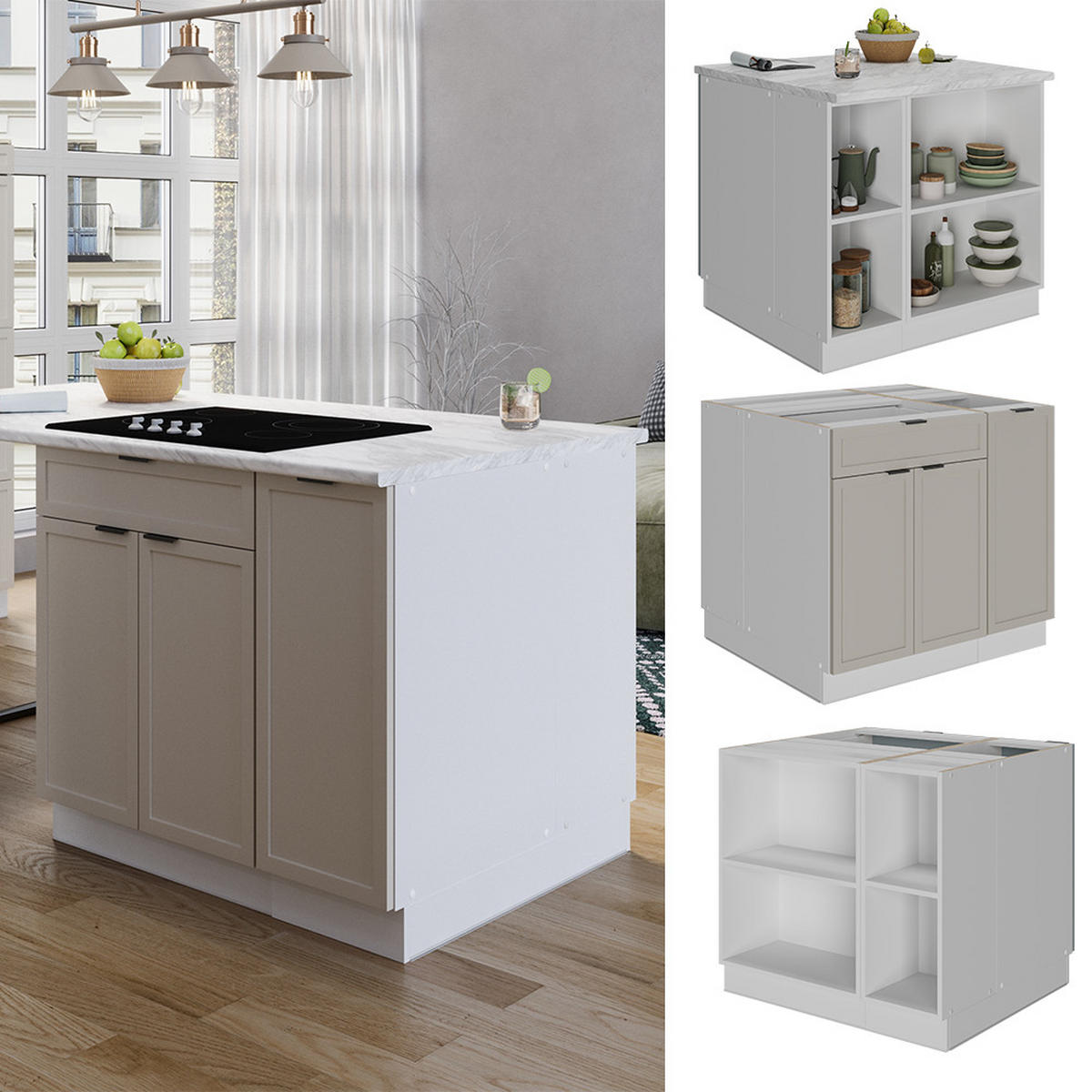 KÜCHENINSEL Fame-Line GrauBeige 90 cm mit Schublade, ohne AP - Weiß/Grau, Holzwerkstoff (90/82/60cm) - Vicco