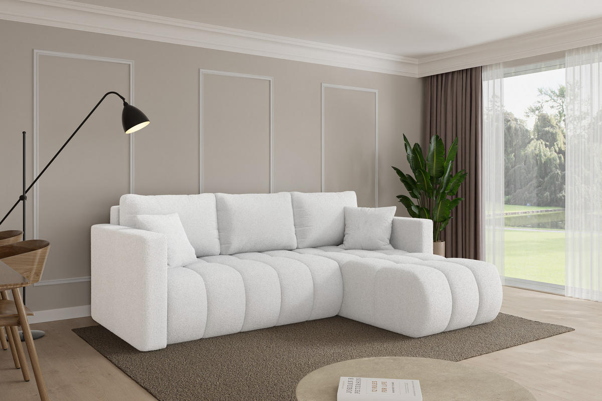 ROHOVÁ SEDAČKA s funkcí spaní, otoman vpravo GARD-L 226x146x85 bílá bouclé - bílá/černá, kompozitní dřevo/textil (226/146cm) - ALTDECOR