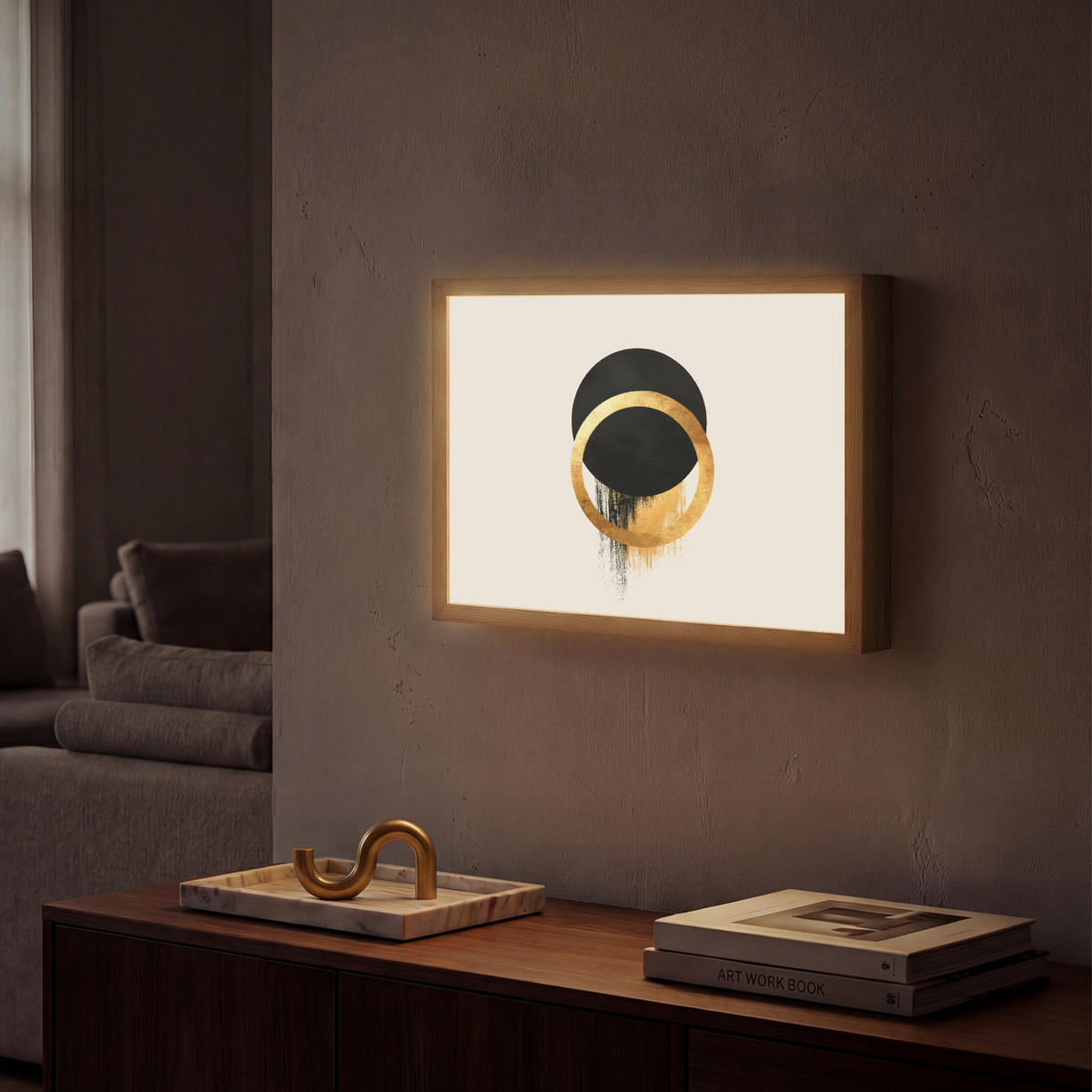 NÁSTĚNNÁ LAMPA S AKUMULÁTOREM Abstraktní design - Černý kruh - Skvrny od barvy 40x30 cm - krémová, kompozitní dřevo (40/30/8cm) - OnlyWow