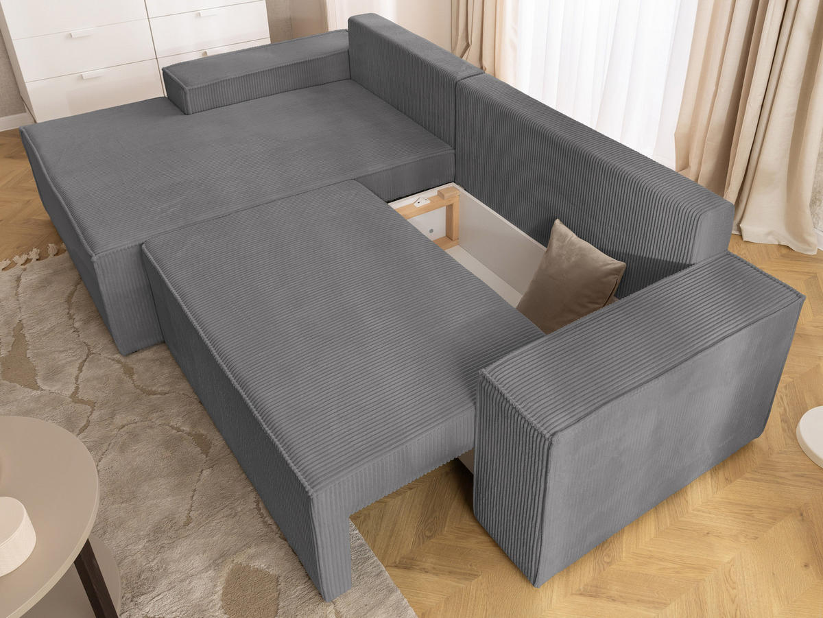 ECKSOFA Rivio mit Schlaffunktion und Bettkasten, Cordstoff Grau - Schwarz/Grau, Holz/Kunststoff (149/262cm) - S-Style