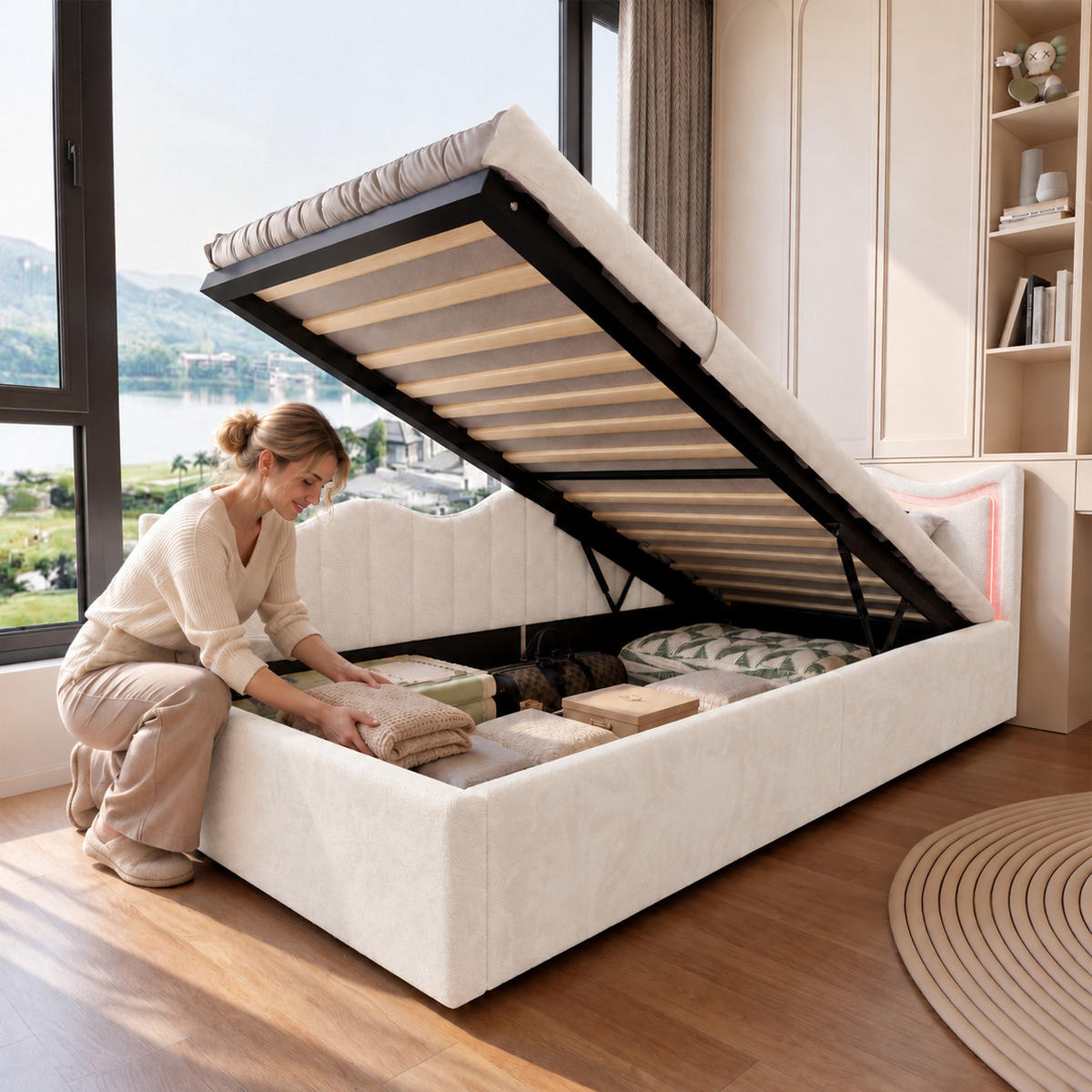 SCHLAFSOFA Samt cremeweiß mit RGB-LED-Beleuchtung, Fernbedienung, großem Stauraum unter der Liegefläche - Beige, Metall (97/75/213cm) - Joyfair
