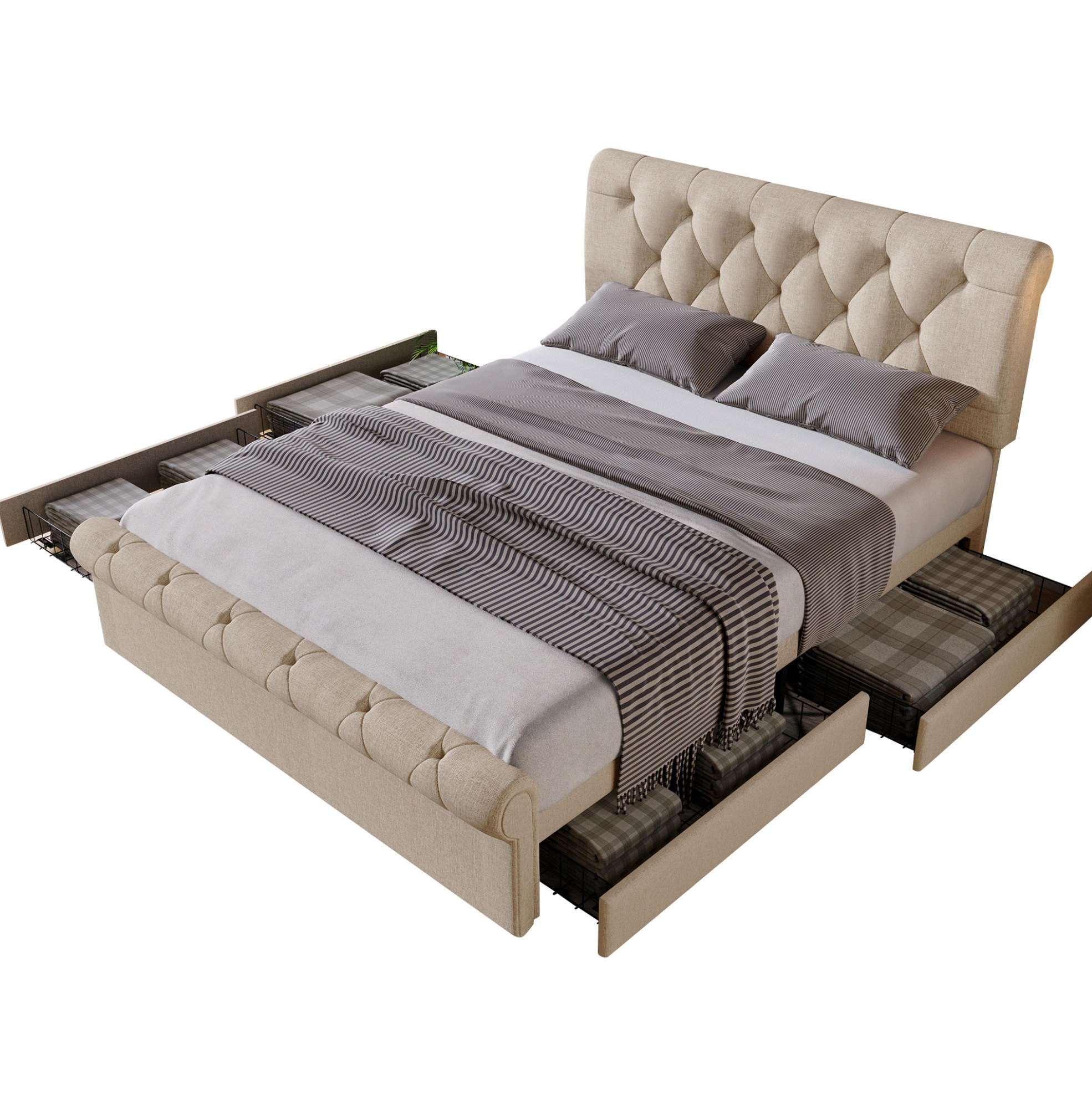 POLSTERBETT 140/200 cm mit 4 Schubladen, Matratze und verstellbarem Kopfteil - Naturfarben, Metall (140/200cm) - BEAOK