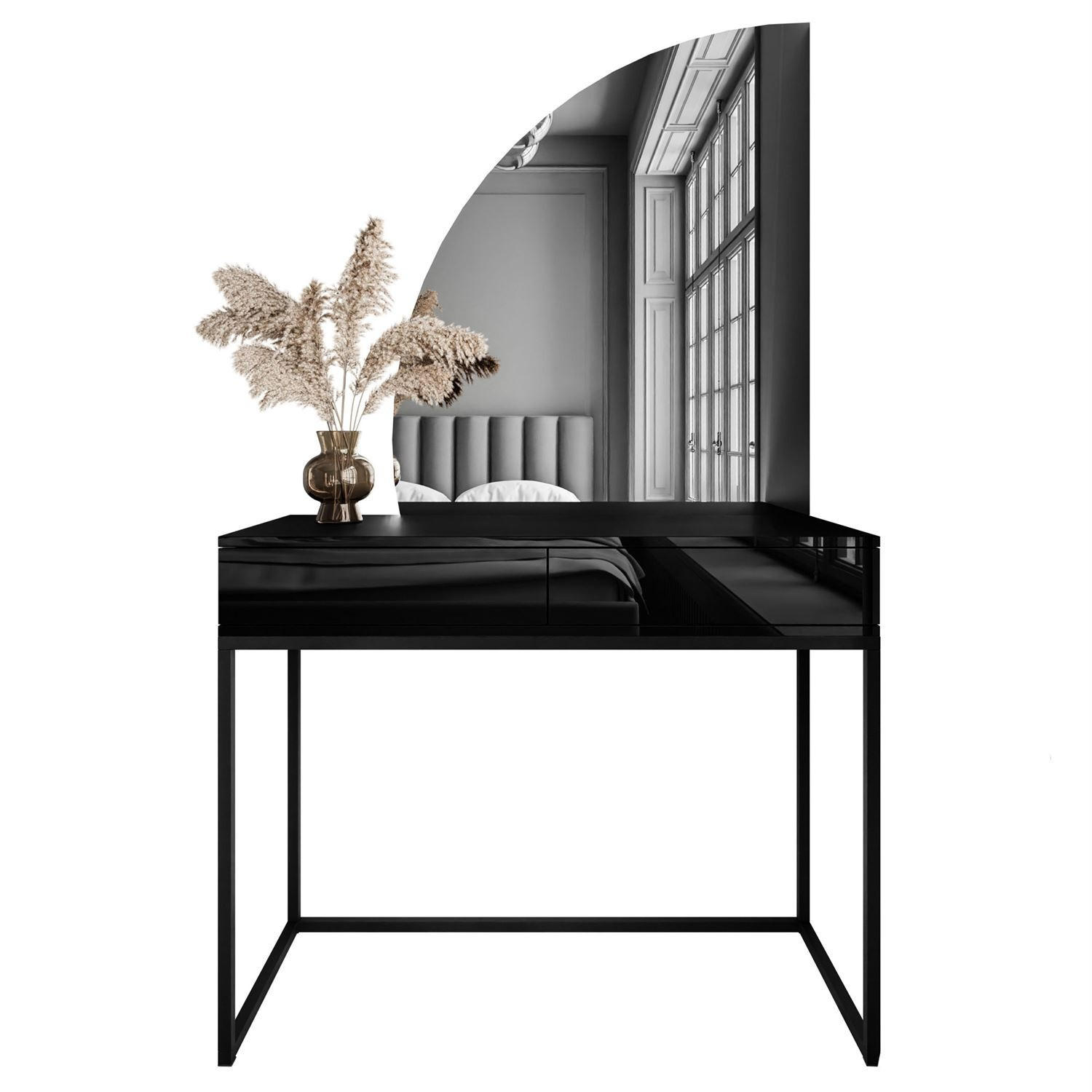 SCHMINKTISCH schwarz QUINNIE mit LED-Spiegel links PUSH OPEN - Schwarz Hochglanz/Schwarz, Holzwerkstoff (100/176/42cm) - Lookway