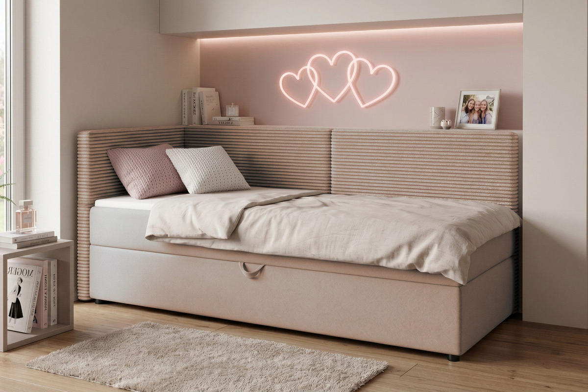 BOXBETT MILA 100/200 in Cord/Velours Beige H3 links - Beige, Holz/Holzwerkstoff (100/200cm) - Deine Möbel 24