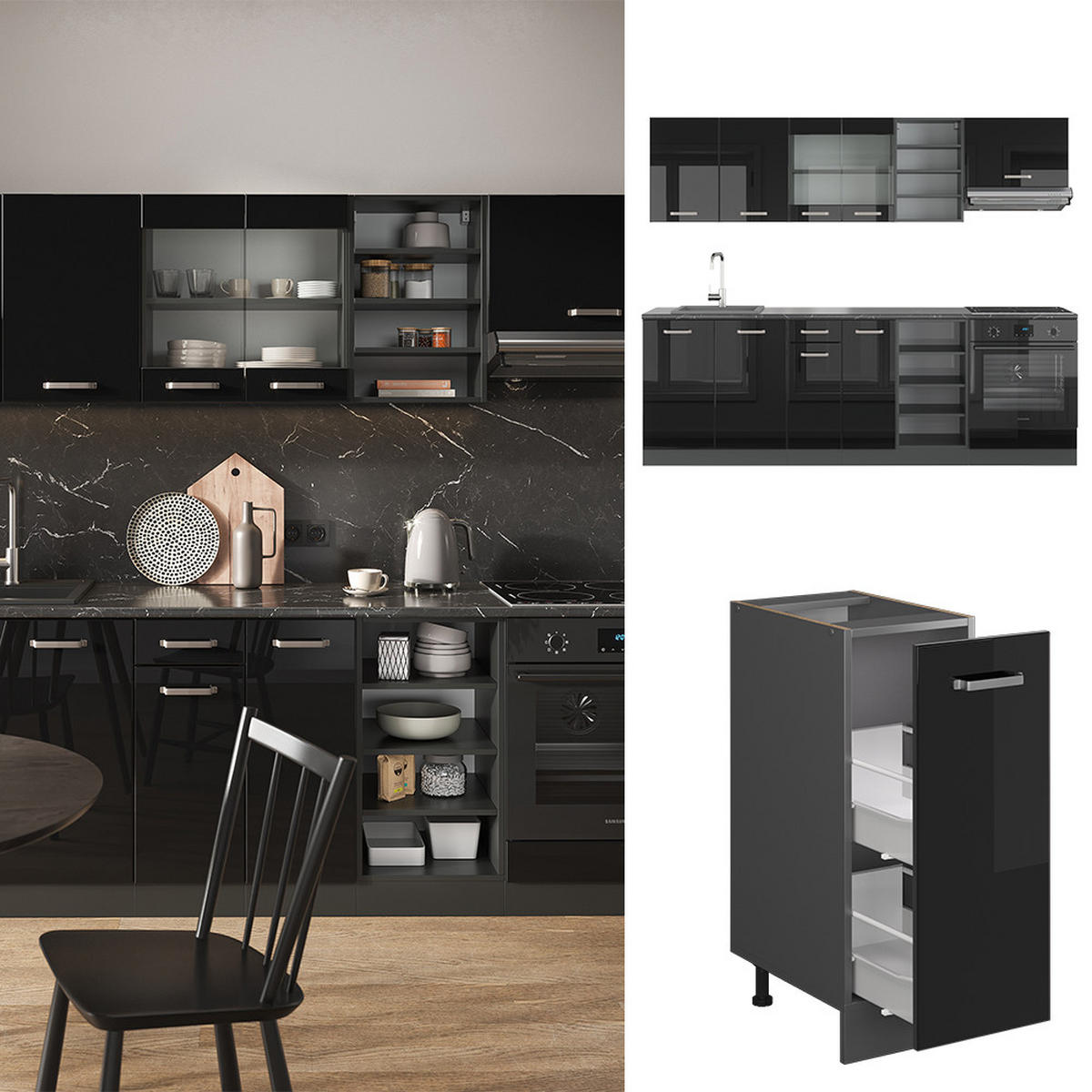 KÜCHENZEILE R-Line Schwarz Hochglanz/Anthrazit 240 cm, AP Eiche - Schwarz Hochglanz/Anthrazit, Holzwerkstoff (240/81.6/60cm) - Vicco