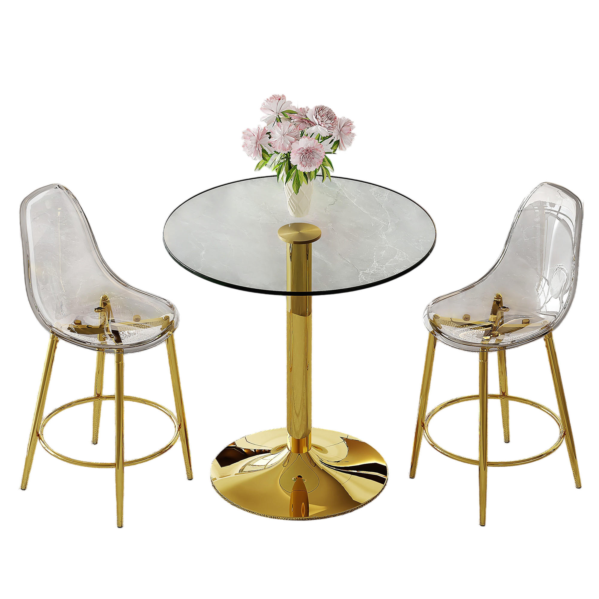 BARTISCH-SET DE-39404 3-teilig, Glastisch und 2 Hocker Gold - Goldfarben, Metall (89/92/89cm) - ComfortXL