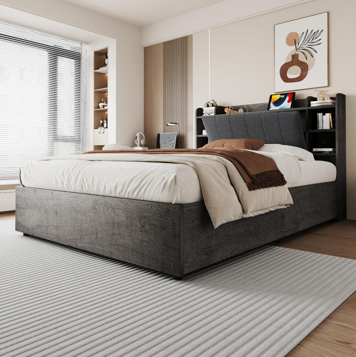 POSTEĽ 180/200 cm sivá z MDF s hydraulickým úložným priestorom a čelom s USB a USB-C - sivá, kompozitné drevo (180/200cm) - OKWISH