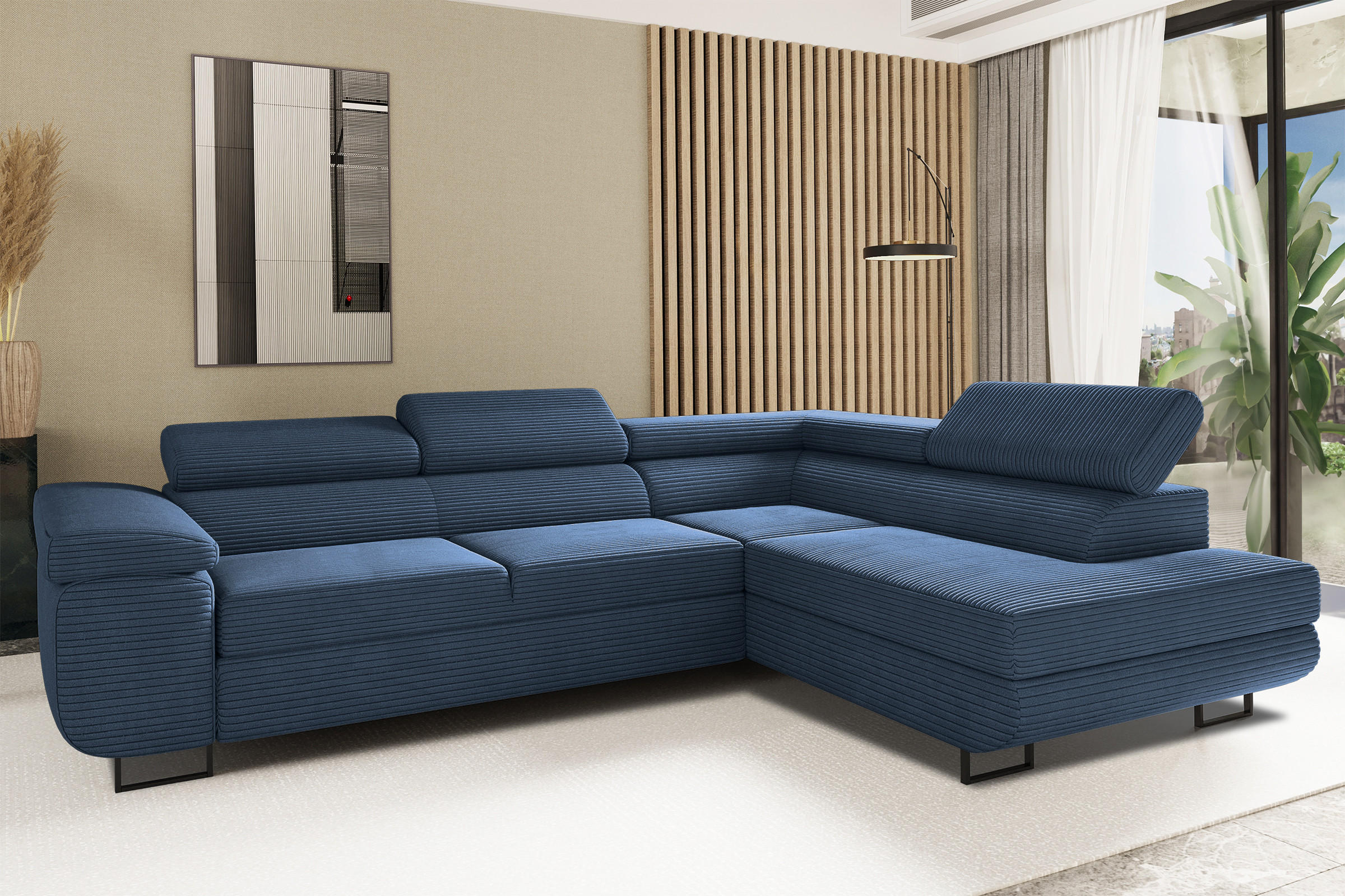 ECKSOFA ATOMIC Mit Schlaffunktion, Stoff Poso, Dunkelblau, Rechts - Dunkelblau, Holz (277/203cm) - Kaiser Möbel