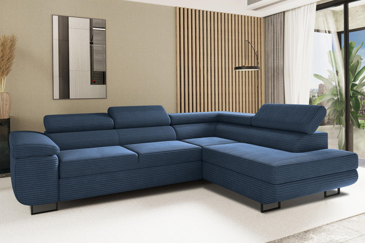 ECKSOFA ATOMIC Mit Schlaffunktion, Stoff Poso, Dunkelblau, Rechts - Dunkelblau, Holz (277/203cm) - Kaiser Möbel