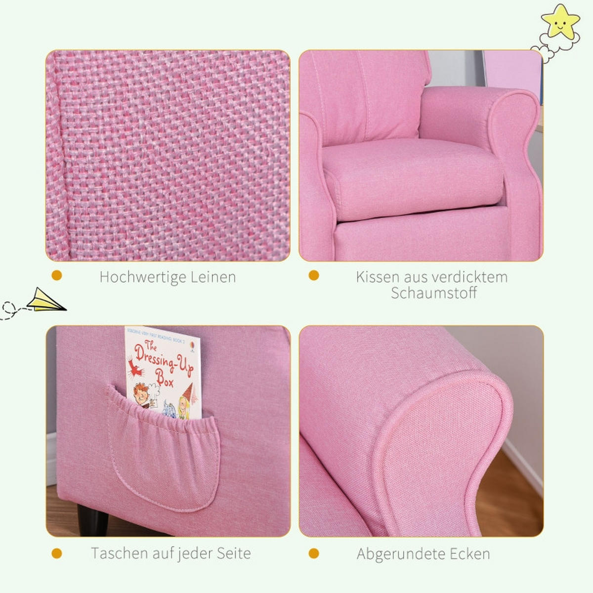KINDERSOFA mit Fußstütze verstellbare Rückenlehne Rosa - Pink, Holz (53/70/58cm) - BursDany