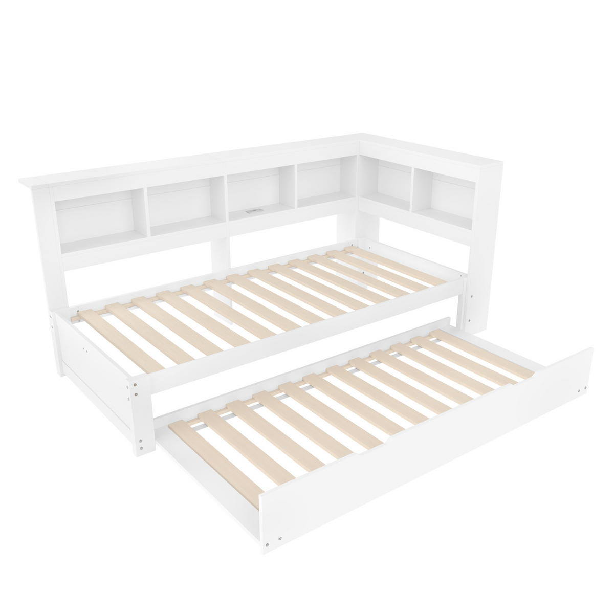POLSTERBETT aus Kiefernholz 90x200 cm in Weiß mit Ausziehbett & USB-Anschlüssen - Weiß, Holz (90/200cm) - Modfu