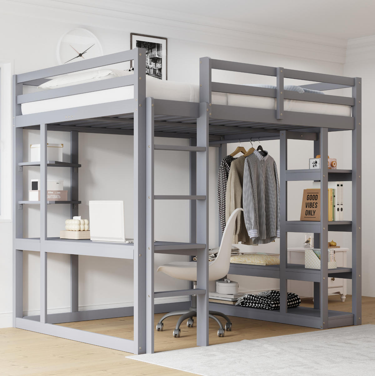 HOCHBETT mit Schreibtisch und Stauraum 140x200 cm Grau - Grau, Holzwerkstoff (140/200cm) - Beauniv
