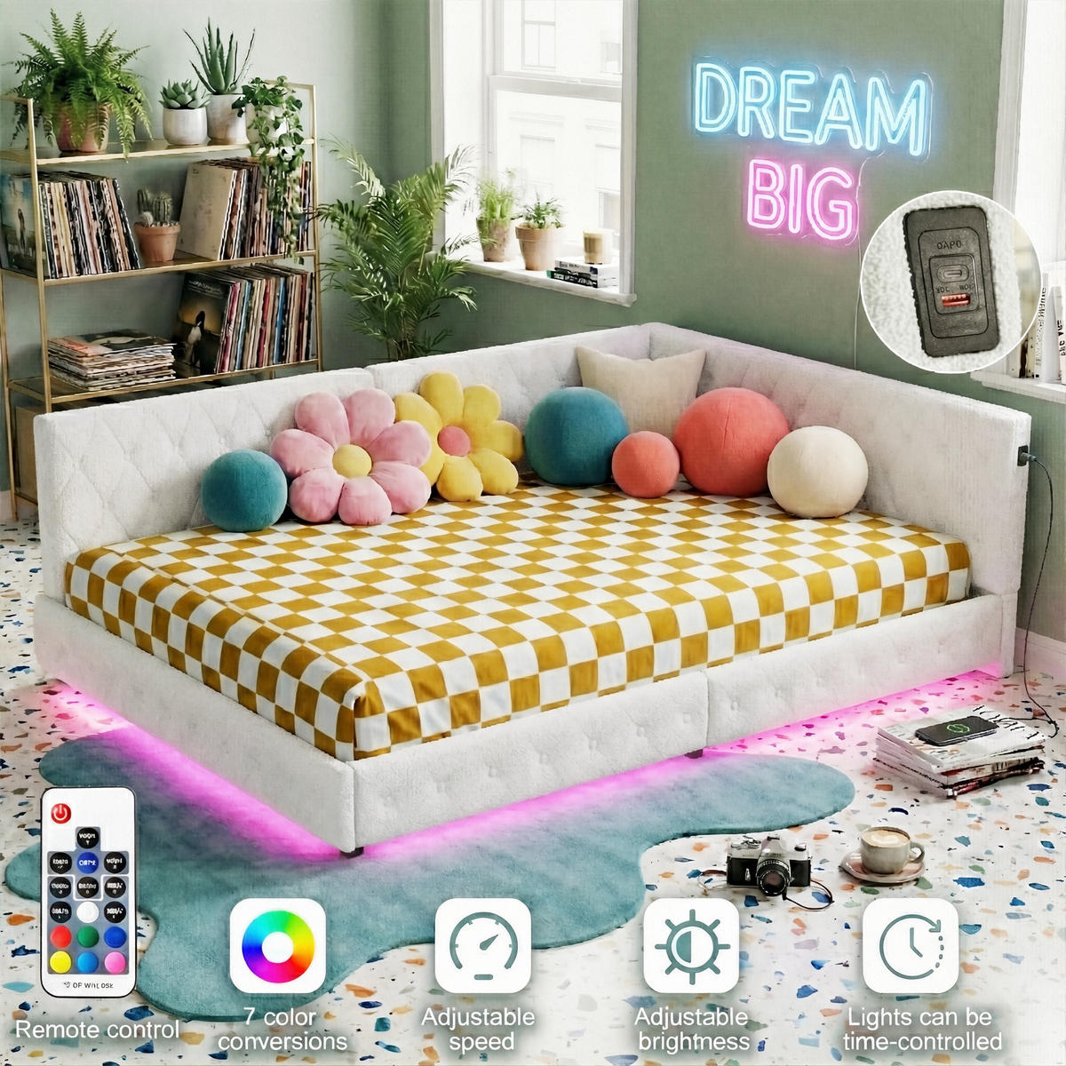 POLSTERBETT Modern 140/200 cm mit L-Eckpolsterung & LED Teddy-Plüsch Beige - Beige, Textil (140/200cm) - Creahappy