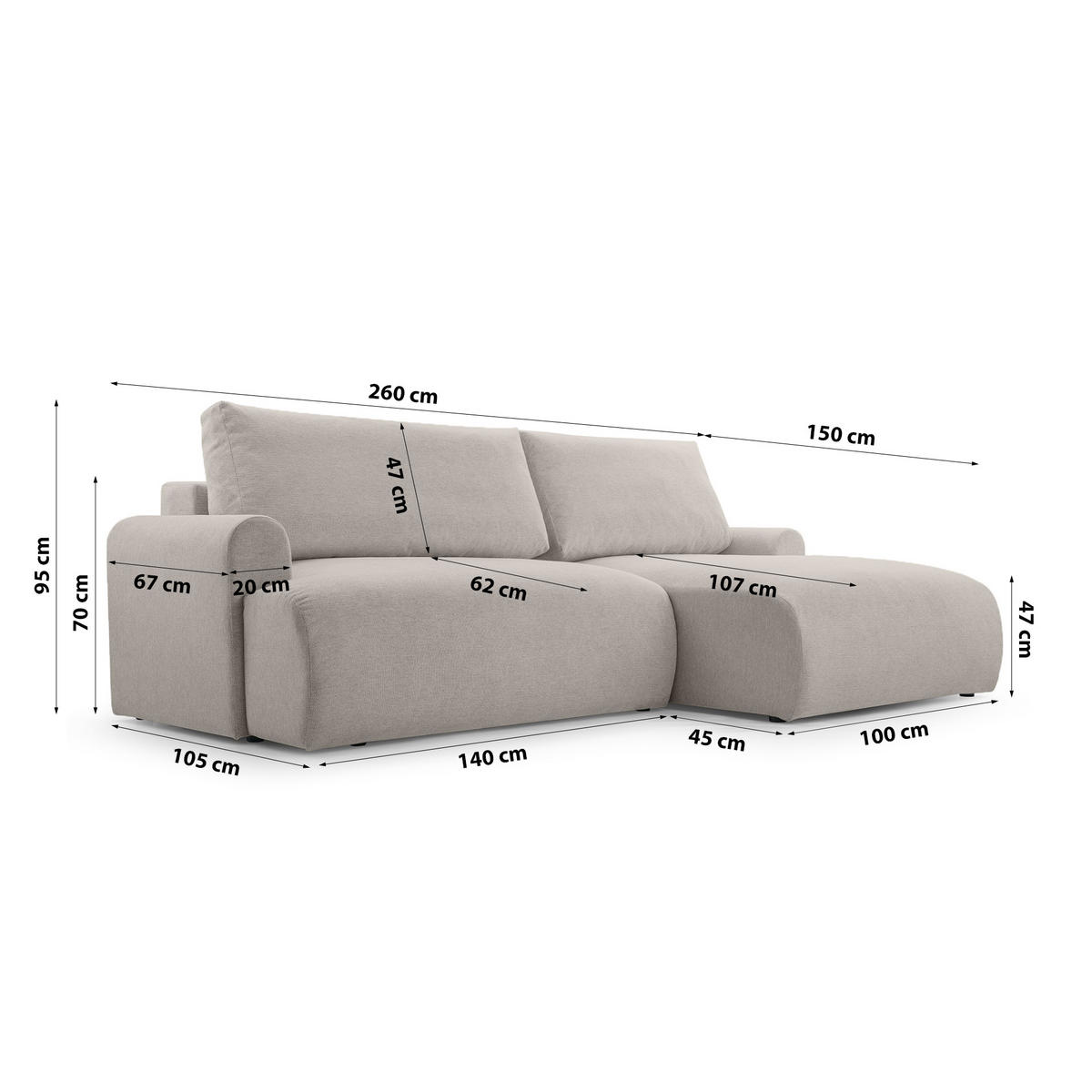 ECKSOFA mit Schlaffunktion Brauel, Beige - Beige, Textil (150/260cm) - Meblito